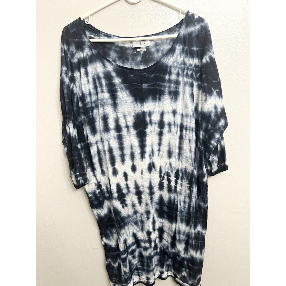Velvet by Graham & Spencer S Blue & White Tie Dye 100% Linen Tunic Half Sleeve